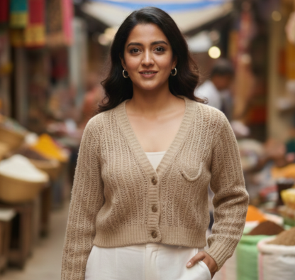 Netted Pattern Cream Colour Sweat Jacket